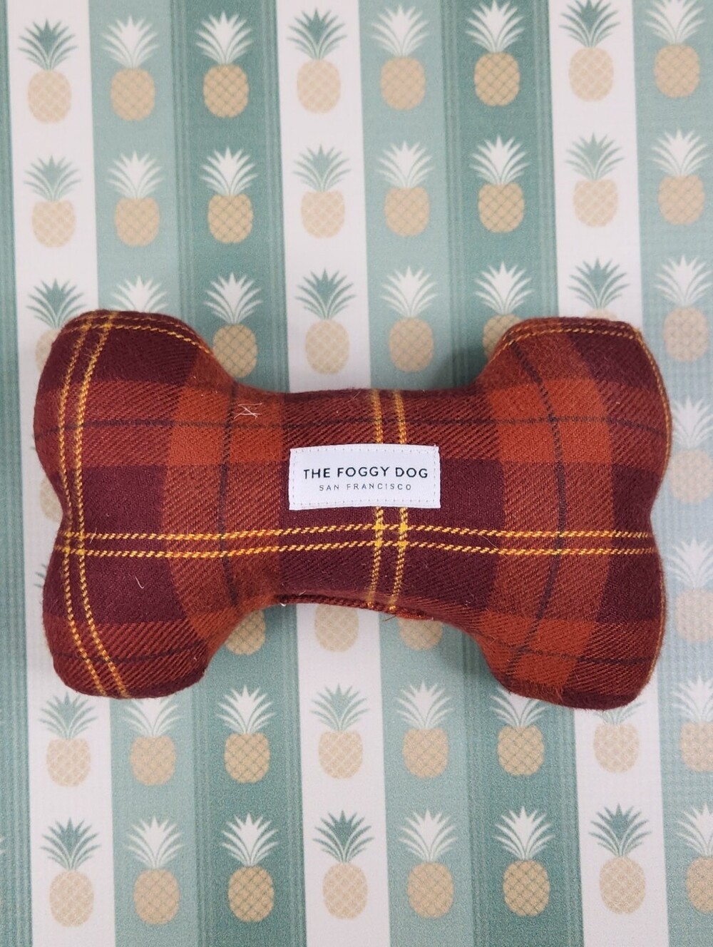 The Foggy Dog Rust Plaid Bone Toy with Yellow Stitching